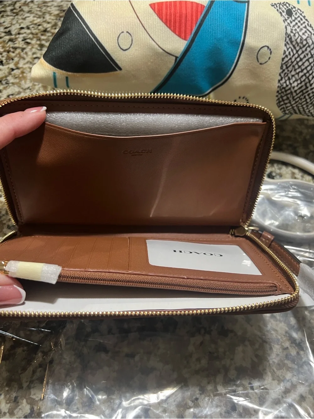 Coach Brown Signature Canvas Zip Wallet with Teal, Purple, Yellow & Red Stripes
